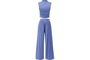 ANRABESS Womens 2 Piece Outfits 2024 Summer Mock Neck Sleeveless Cropped Tank Tops Wide Leg Long Pants Tracksuits Lounge Sets