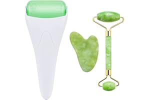 AECW Natural Jade Roller And Gua Sha Set For Face and Eye Ice Roller Facial Cooling Massage Roller (White Ice Roller + Jade Roller + Gua Sha)