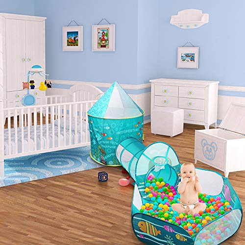 SUNBA YOUTH Kids Play Tent, Crawl Tunnel and Ball Pit, Pop Up Playhouse for Girls and Boys, Babies and Toddlers. Knight Castle for Kids for Indoor and Outdoor Use with Carrying Case. (Teal)