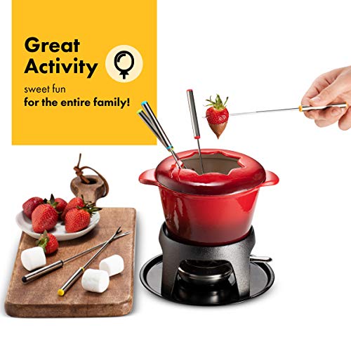 Klee 12-Piece Cast Iron Fondue Set with Red Fondue Pot, 6 Fondue Forks, Fondue Burner and Fondue Pot Base, 44 oz