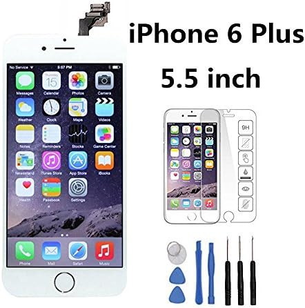 For iPhone 6 Plus 5.5 inches White LCD Digitizer Touch Screen Full Assembly Replacement with Home Button, Front Camera, Ear Speaker and Repair Tools