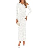 ZESICA Women's Spring Floral Off Shoulder Bodycon Maxi Dresses 2026 Long Sleeve Ruched Elegant Cocktail Party Dress