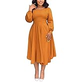 Fall Dresses for Women Semi-Formal Fit Casual Slim Long Puff Sleeves O-Neck Elegant Swing A Line Maxi Dresses