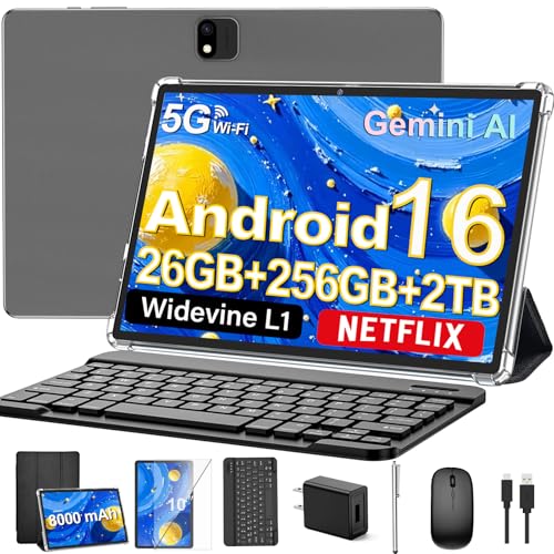 Android 16 Tablet with Keyboard, 2026 Android Tablet 10 inch, 26GB+256GB+2TB Expand, Electronic Tablet PC with Gemini, 8-Core, 8000mAh, 5G WiFi, GMS, 2 in 1 Tablet with Case/Mouse/Stylus(Black Case)