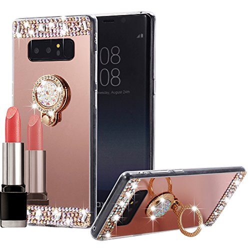 Galaxy Note 8 Case Mirror, Miniko(TM) 3D Luxury Bling Glitter Diamond Crystal Ring Holder Stand Kickstand Mirror Phone Case Cover for Samsung Galaxy Note 8 Rose Gold Pink