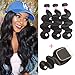 VRBest Virgin Brazilian Straight Human Hair Extensions 3 Bundles Unprocessed Brazilian Virgin Hair Weave Bundles Natural Black Color (12 14 16 +10 closure)
