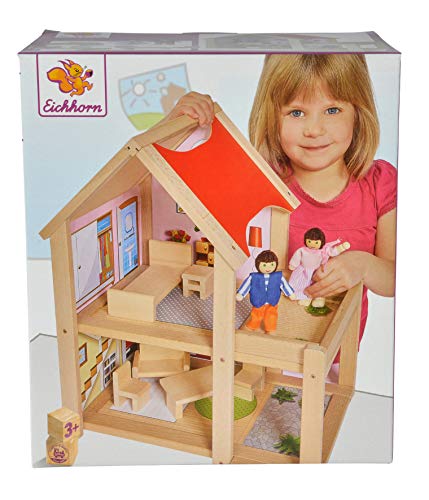 Eichhorn 100002501 - Puppenhaus fertig montiert inklusive 2 Puppen und Möbeln, 9-tlg., 22,5x36x41cm, Buchenholz – Bild 6