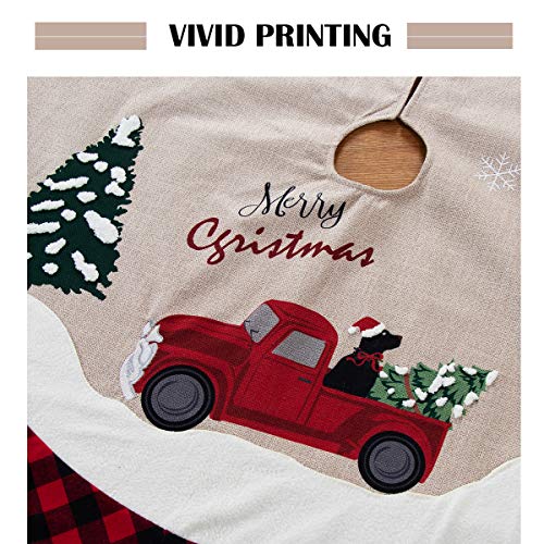 GMOEGEFT 48 Inches Christmas Tree Skirt Burlap with Buffalo Check Trim Rustic Truck and Dog Printing Xmas Home Decoration Ornaments (Truck & Dog)