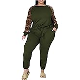 Plus Size Leopard Print 2 Piece Outfit for Women Sweatsuits Sets Tops and Sweatpans Sweatsuits Tracksuits