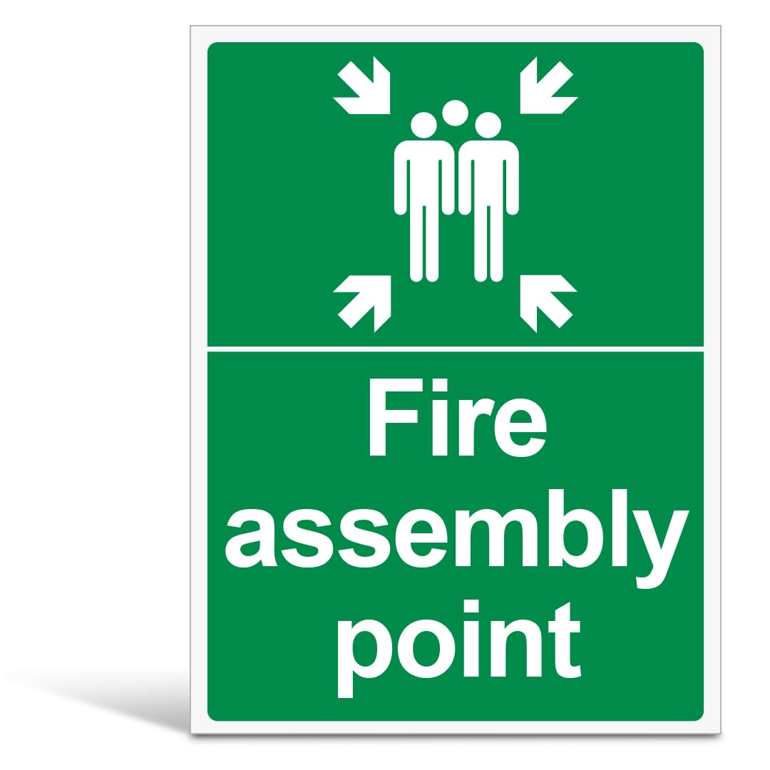 V Safety Fire Assembly Point Sign with Family Icon - Outdoor Emergency Meeting Point Signage - 300mm x 400mm Portrait, 1mm Rigid Plastic, Green & White - EN ISO 7010 Compliant — image 1
