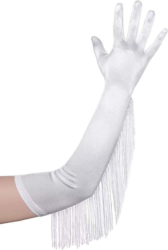 RUNHENG Long Opera Party 1920s Satin Gloves Stretchy (White)