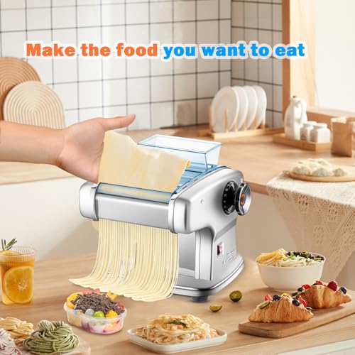 DOMINFLY Electric Pasta Maker, Automatic Noodle Machine Fresh Pasta Dough Roller Stainless Steel, 9 Thickness Settings, Perfect for Spaghetti,Fettuccini,Lasagna (Four knives)