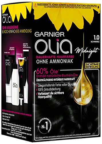 Garnier Olia Permanent Hair Colour without Ammonia, with Nourishing and Natural Oils, Full Grey Hair Coverage, Permanent Colouration, No. 1.0 Black, 3 x 1 Piece