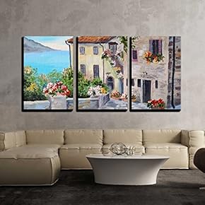 3 Piece Canvas Wall Art - Oil Painting on Canvas of a Beautiful Houses Near The Sea - Modern Home Art Stretched and Framed Ready to Hang - 16"x24"x3 Panels