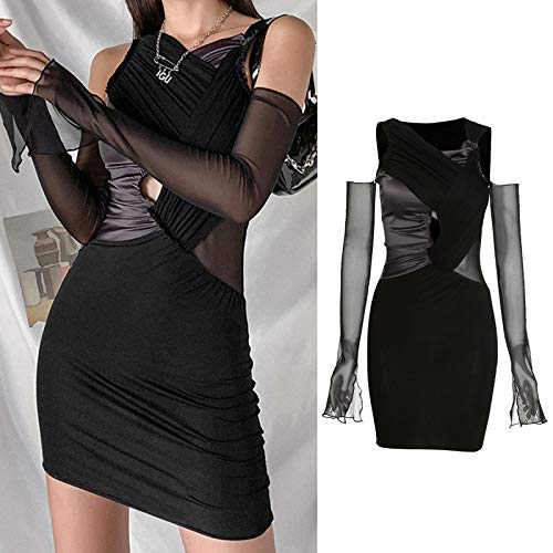 Kcibyvx Dames herfstjurk lange mouwen schoudervrij bodycon mini-jurk sexy H-out gothic jurk met V-hals gestapelde… - Image 5