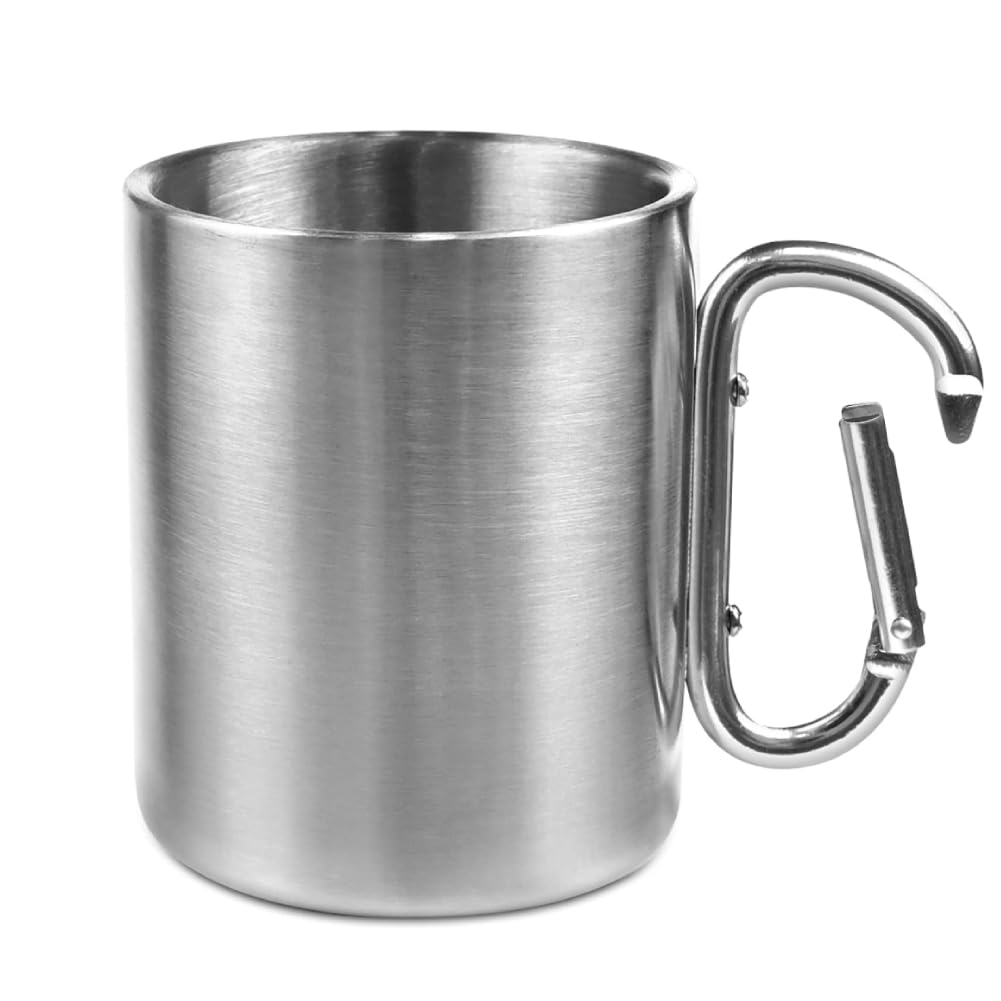 Camping Mug, 220ml Double Walled Carabiner Camping Mug, Portable Stainless Steel Coffee Cup with Carabiner Handle for Travel Hiking Trekking (Silver)
