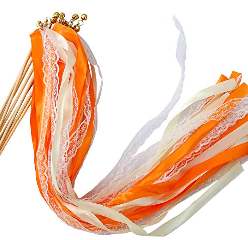 Wishprom 30pcs Lace Ribbon Wands Christmas Birthday Party Streamers Wands Fairy Stick for Wedding Activities (Orange+Lace)