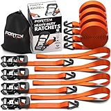 FORTEM Ratchet Tie Down Straps, Heavy Duty, 4X 15ft Securing Straps, 4X Soft Loops 4500lb Break Strength, Rubber Coated Metal Handles, Metal Hooks, Carrying Case