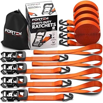 FORTEM Ratchet Tie Down Straps, Heavy Duty, 4X 15ft Securing Straps, 4X Soft Loops 4500lb Break Strength, Rubber Coated Metal Handles, Metal Hooks, Carrying Case (4 Pack)