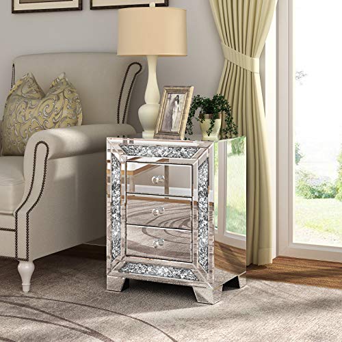 Mirrored Night Stand with 3 Drawers, Sparkly Crushed Crystal Beside