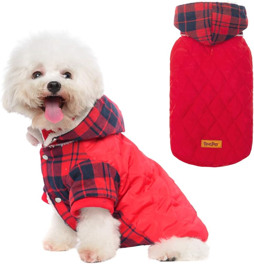 BINGPET Dog Winter Coat, Classic Plaid Dog Hoodie with