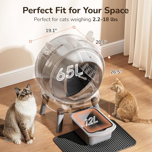 Automatic Self Cleaning Litter Box, Cat Litter Box, Robot Litter Box | APP Control, 65L Globe, Dual Safety Sensors, 1 Roll Garbage Bags, Litter Mat, <35DB, Grey
