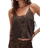 Women Lace Trim Satin Camisole Top Flowy Silky Spaghetti Strap V Neck Cami Top Y2K Aesthetic Going Out Tank Tops