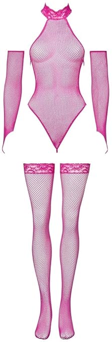 Orion Body Set - sexy String-Body mit Armstulpen und Strümpfen, Reizwäsche in erotischer Netz-Optik, Bodysuit mit Spitze, pin