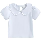 Toddler Baby Girls Ruffle Doll Collar Shirt Puff Short Sleeve Basic Solid Color Top Blouse Tee
