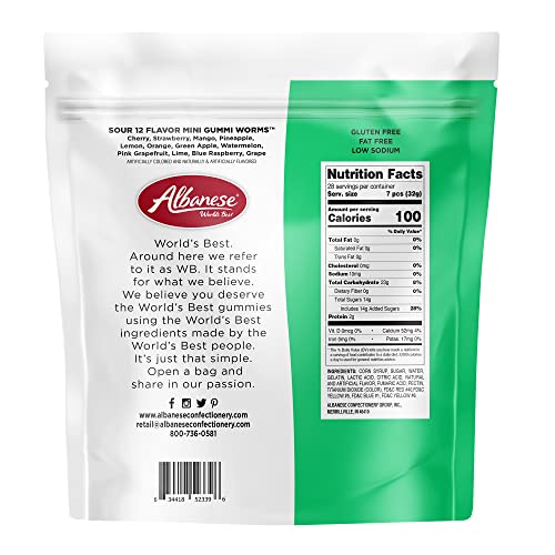 ALBANESE WORLD’S BEST SOUR 12 FLAVOR MINI GUMMI WORMS | 32OZ BAG OF CANDY | 12 UNIQUE SUPER SOUR FLAVORS, GLUTEN FREE, FAT FREE, SOFT AND CHEWY GUMMY WORMS | PERFECT TRAVEL SNACK AND TREAT FOR KIDS