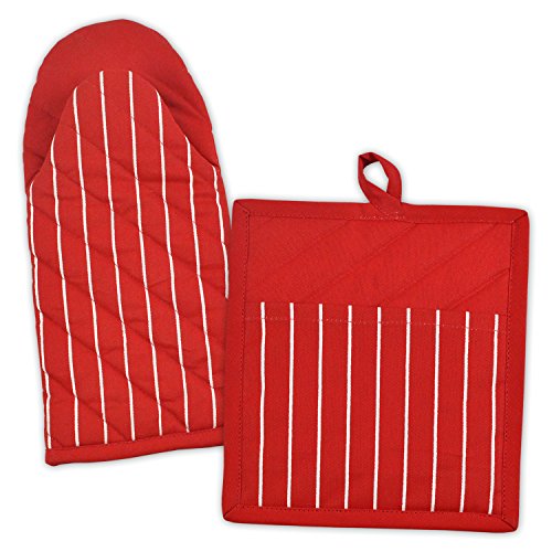 DII 100% Cotton, Machine Washable, Everyday Kitchen Basic, Stripe Commercial Grade, Restaurant Quality Chef Oven Mitt and Potholder Gift Set, Red