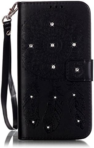 iPhone 5/5S/5SE Case, Gkin Bling Diamond Crystal Rhinestone Embossing[Dream Catcher]Solid color Premium PU Leather Magnetic Design Ultra Slim Fit [Wallet Kickstand] Case for iPhone 5/5S/5SE(Black)