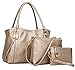 Deluxe Women 3 Piece Tote Bag Pu Leather Handbag Purse Bags Set (Gold)