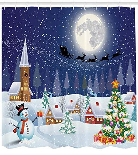 ABAKUHAUS Christmas Shower Curtain, Winter Season Snowman Xmas Tree Santa Sleigh Moon Present Boxes Snow and Stars, Cloth Fabric Bathroom Decor Set with Hooks, 175 x 200 cm, Ivory Blue