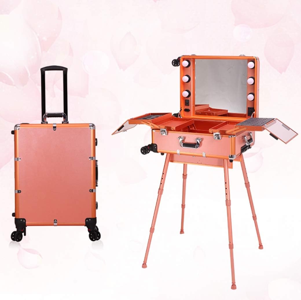 21"Makeup Trolley Box Rolling Artist Cosmetic Train Table Trolley with Light/Support/Hollywood Mirror/Makeup Case Portable Organizer Box