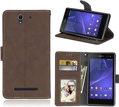 MGVV Retor Slim Fit Flip Leather Case [Kickstand Feature] PU Leather Wallet Case with 3 ID&CBrownit Cards Pocket & Kickstand Function for Sony Xperia C3