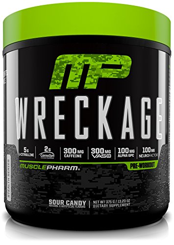 MusclePharm Wreckage Pre-Workout Powder with Superior Focus, Extreme Energy and Sustained Pump - Nitric Oxide, Beta Alanine, and Caffeine, Sour Candy, 25 Servings