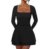 OKIFOIR Women's Square Neck Mini Dress Long Sleeve Ruffle Hem Corset Ruched Waist Short Party Dresses