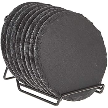 8-Pack Slate Stone Coasters Set with Steel Stand - Round Black Natural Edge Stone Drink Coasters for Bar and Home - 3.8 Inches in Diameter
