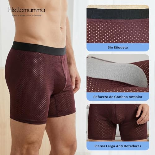Hellomamma Calzoncillos Hombre Boxer Largos: Ropa Interior de Seda Fría de Malla Transpirable - Antirozaduras sin Etiquetas para Hombres para Deporte Gym y Ciclismo Talla S-XL Pack de 4