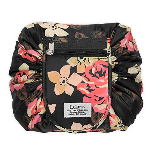 Drawstring-Makeup-Bag-Waterproof-Fashion-Floral-Lazy-Cosmetic-Bag-Large-Cute-Makeup-Storage-Organizer-Portable-Magic-Travel-Toiletry-Pouch-for-Women-GirlsBlack-Peony
