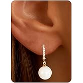 Pearl Hoop Earrings for Women, Trendy 18k Gold Plated Hoop Chunky Drop for Women Hypoallergenic Dangle Huggie Statement Jewelry Summer Gifts