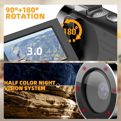 Flylin 4K HD Video Camera, 28X Digital Zoom Camcorder Vlogging Camera with Night Vision, WiFi 3” IPS Touchscreen Video Recorder for YouTube, Record Memories, Moments (Black)