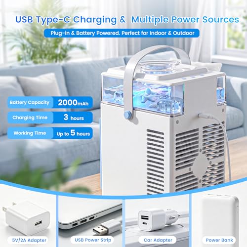 5 in 1 Mini Mobile Air Conditioner, Portable Fan, Air Conditioner Fan with 3 Speeds and 3 Mist Modes, APP Control, No Evacuation Air Conditioners for Room Car, 6 Ice Cubes