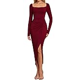 URYIAO Long Sleeve Bodycon Midi Dress Square Neck Ruched Slit Formal Cocktail Wedding Guest Dresses for Women Fall