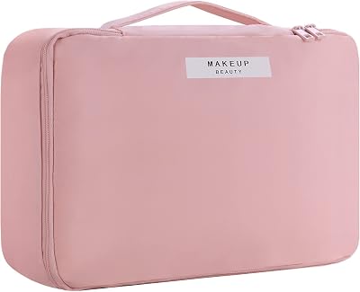 HCFGS Travel Makeup Bag with Brushes Holder & Detachable Pouch Pink