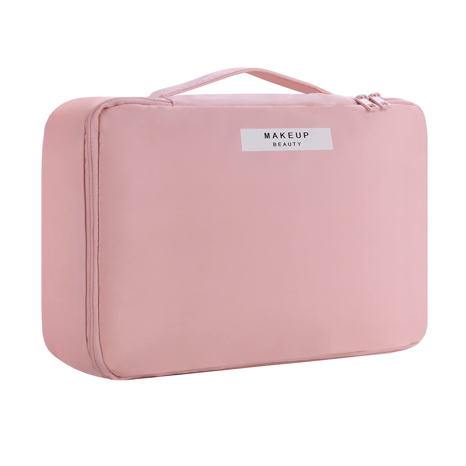 Travel Makeup Bag [with Brushes Holder & Detachable Pouch] Cosmetic Bag Large Capacity Waterproof Makeup Case Storage Organiser for Women & Girls (Pink)
