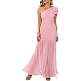 LAGSHIAN Women's Elegant Formal Long Dress One Shoulder Sleeveless Ruched Bodycon Evening Dress