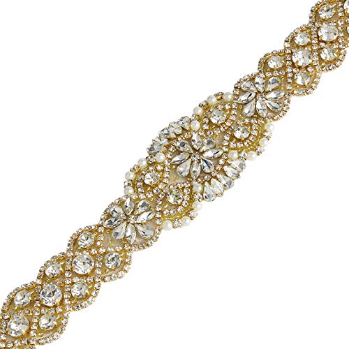 Bridal crystal applique-rhinestone wedding beaded appliques fashion Hot Fix for belts sash Women Dresses Costume - Gold