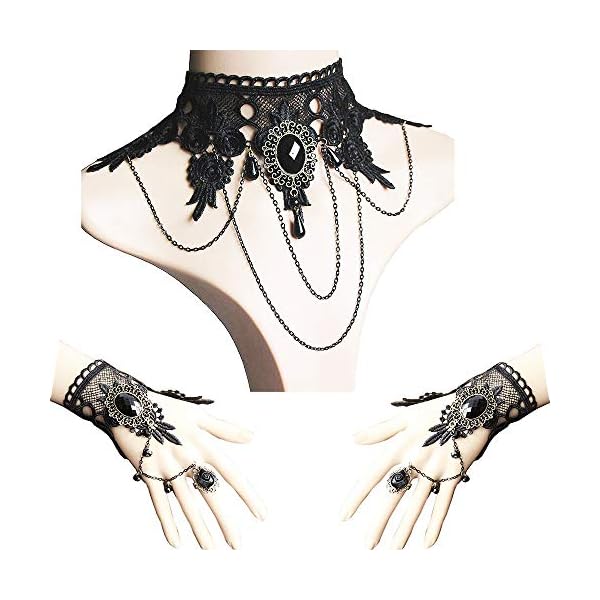 Jurxy Black Choker Lace Necklace with Bracelet Set Punk Party Gothic Vintage Handmade Retro Bracelet Wristband for Women…